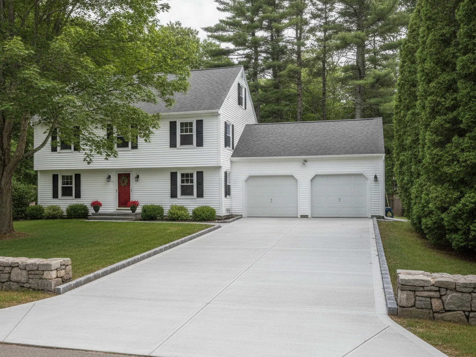 Completed concrete driveway replacement Sanford Maine York County air-entrained broom finish first Maine winter residential Dan